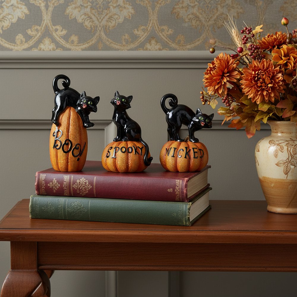 Set of Three Black And Orange Polyresin Halloween Black Cat Figurines HomeRoots