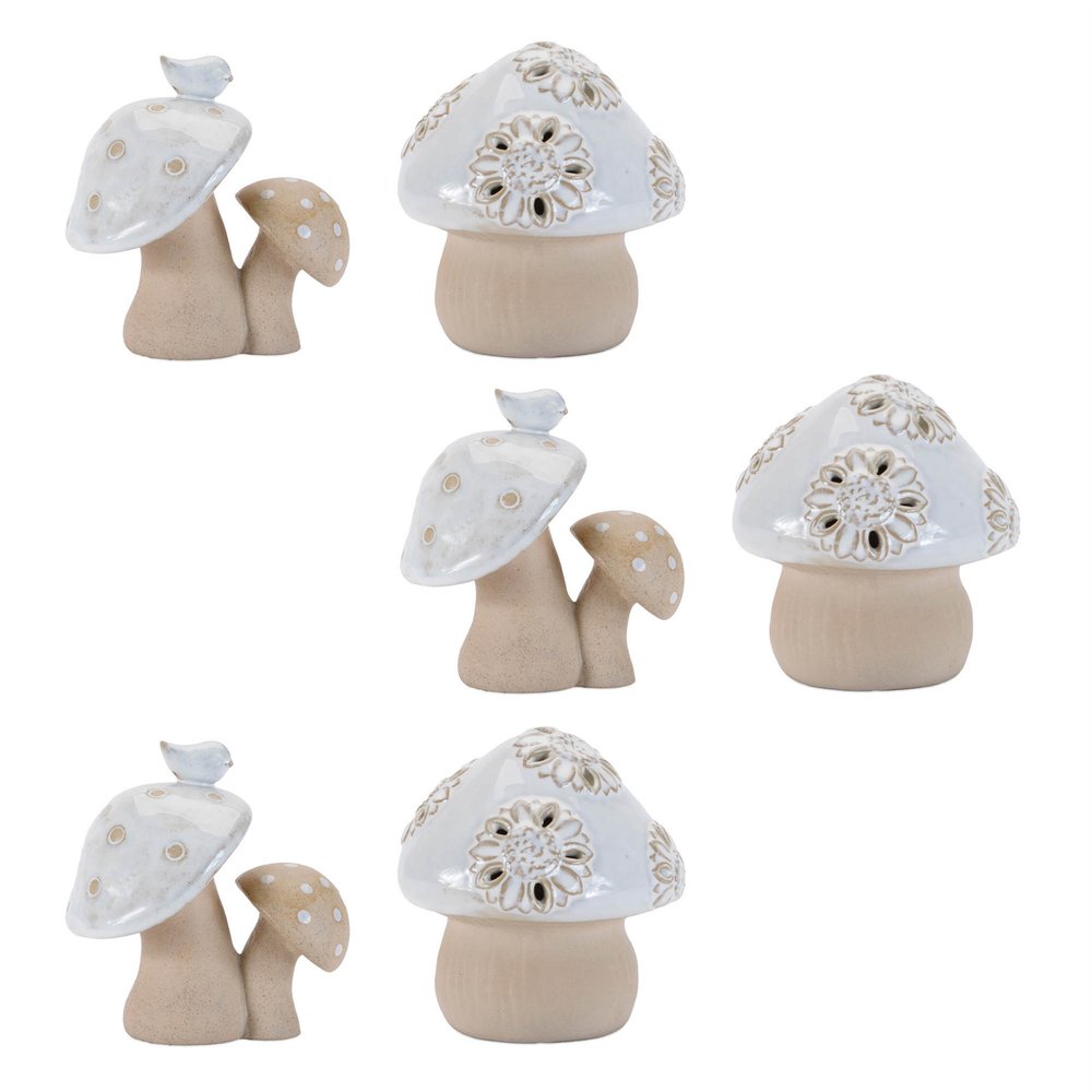 Set of Six Beige And Gray Porcelain Mushroom Tabletop Sculpture HomeRoots