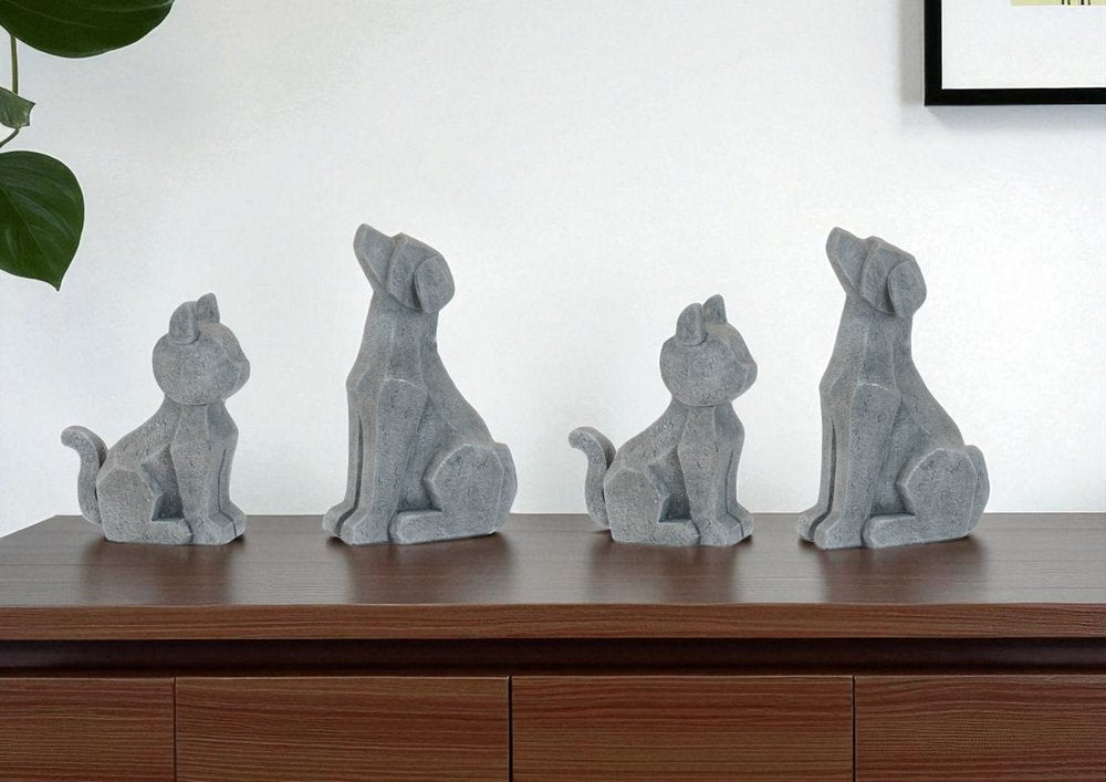 Set of Four Gray Polyresin Cat And Dog Figurines HomeRoots