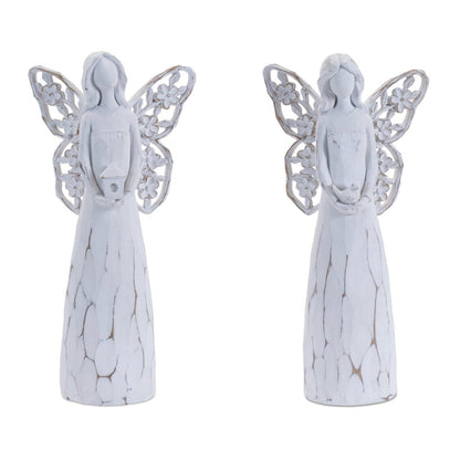 Set of Four White Polyresin Floral Wing Angel Figurines HomeRoots