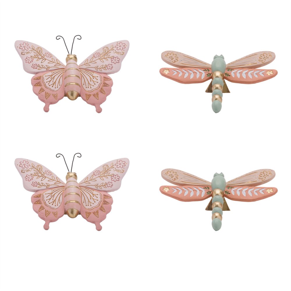 Set of Four Pink And Green Polyresin Butterfly And Dragonfly Figurines HomeRoots