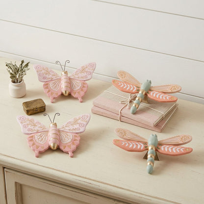 Set of Four Pink And Green Polyresin Butterfly And Dragonfly Figurines HomeRoots