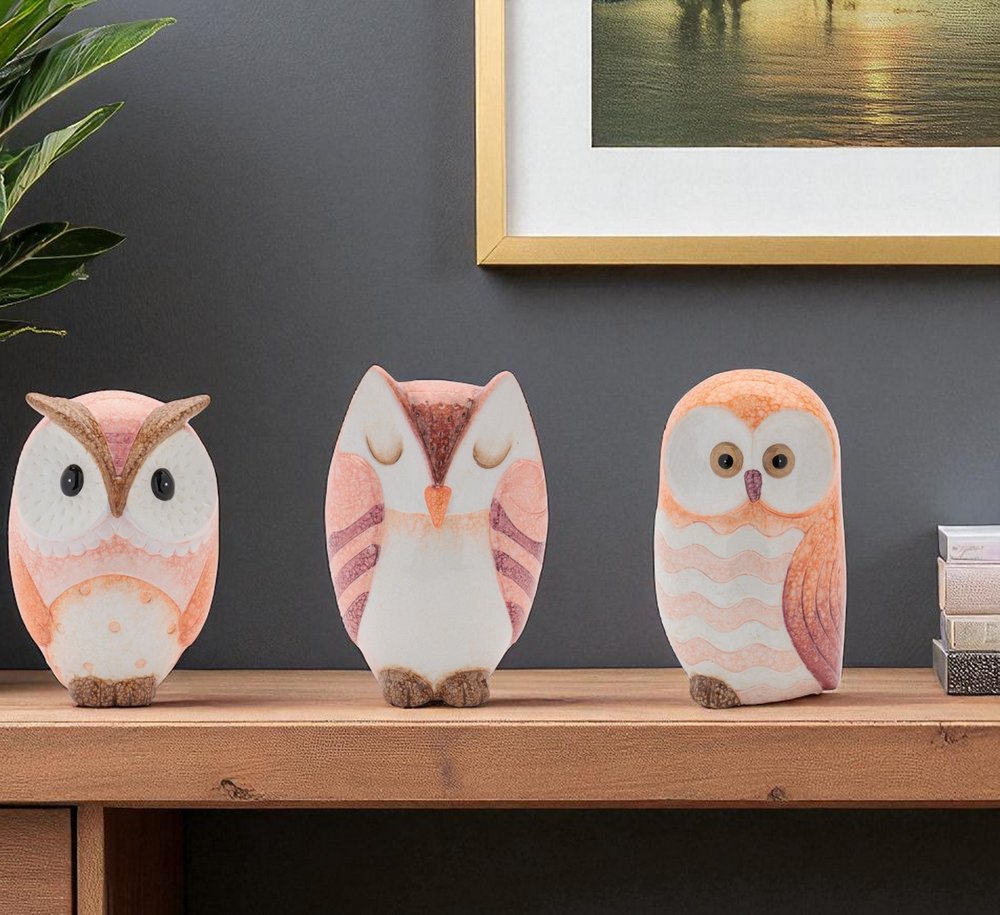 Set of Three Pink And Beige Terracotta Owl Figurines HomeRoots