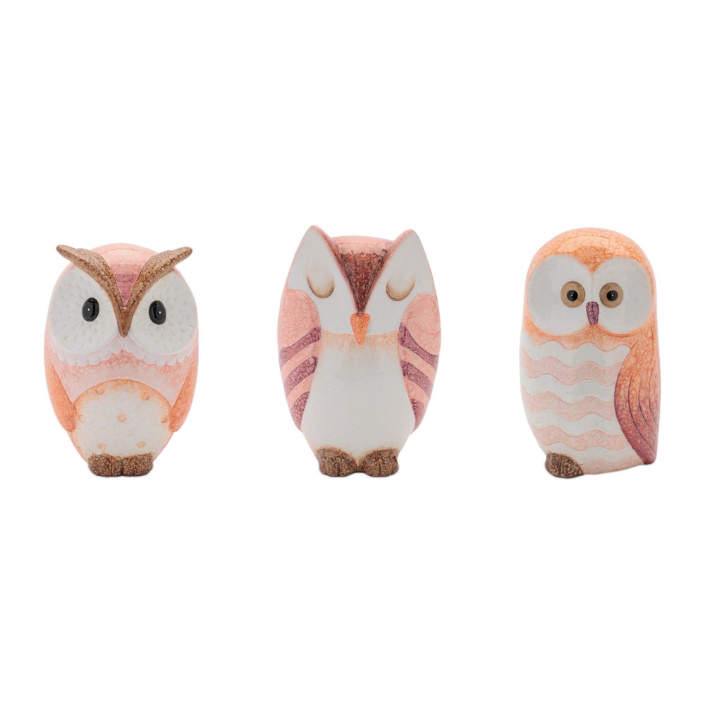 Set of Three Pink And Beige Terracotta Owl Figurines HomeRoots