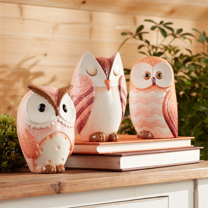 Set of Three Pink And Beige Terracotta Owl Figurines HomeRoots