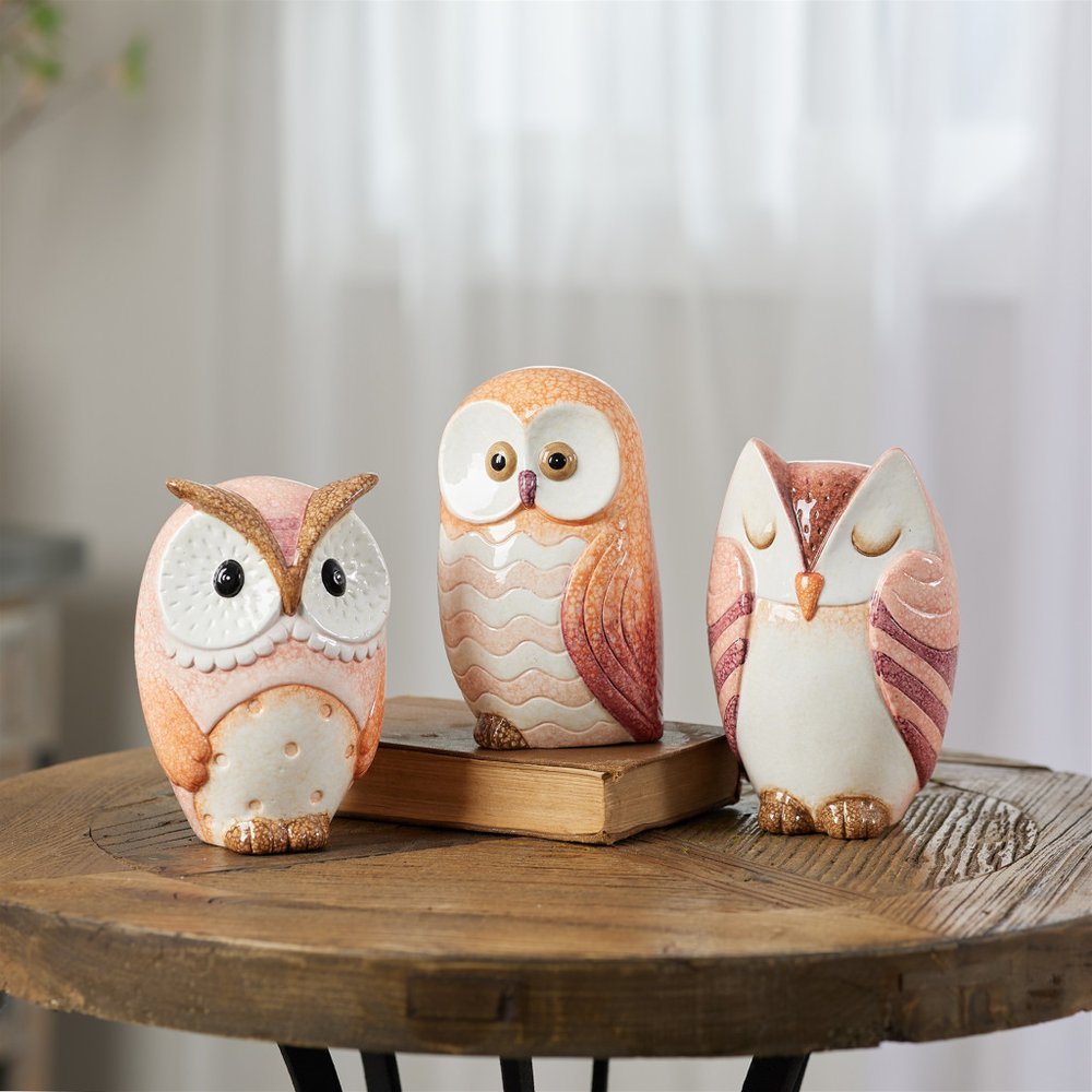 Set of Three Pink And Beige Terracotta Owl Figurines HomeRoots