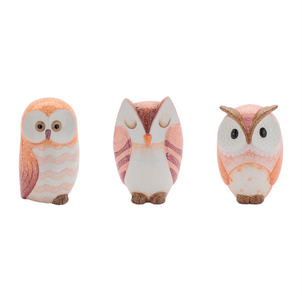 Set of Three Pink And Beige Terracotta Owl Figurines HomeRoots