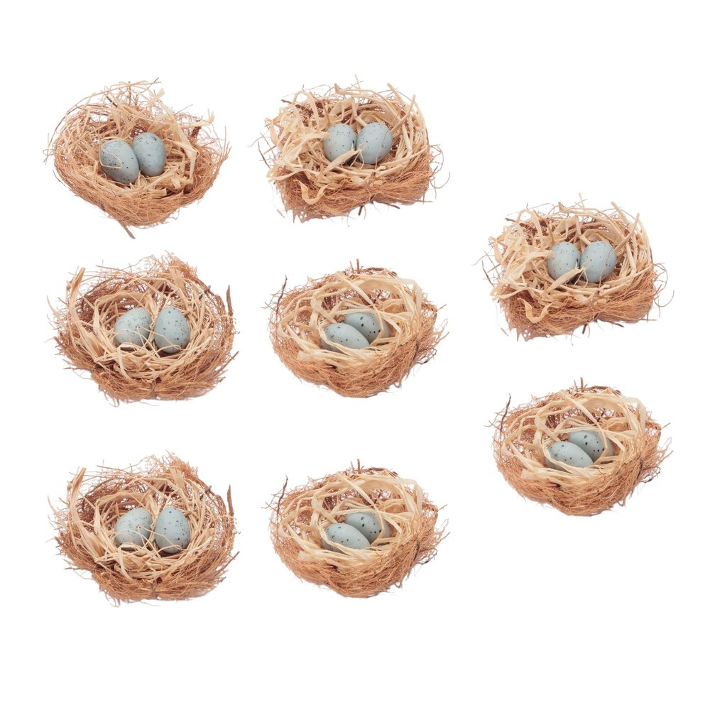 Set of Eight Brown And Blue Decorative Birds Nests With Eggs Sculptures HomeRoots