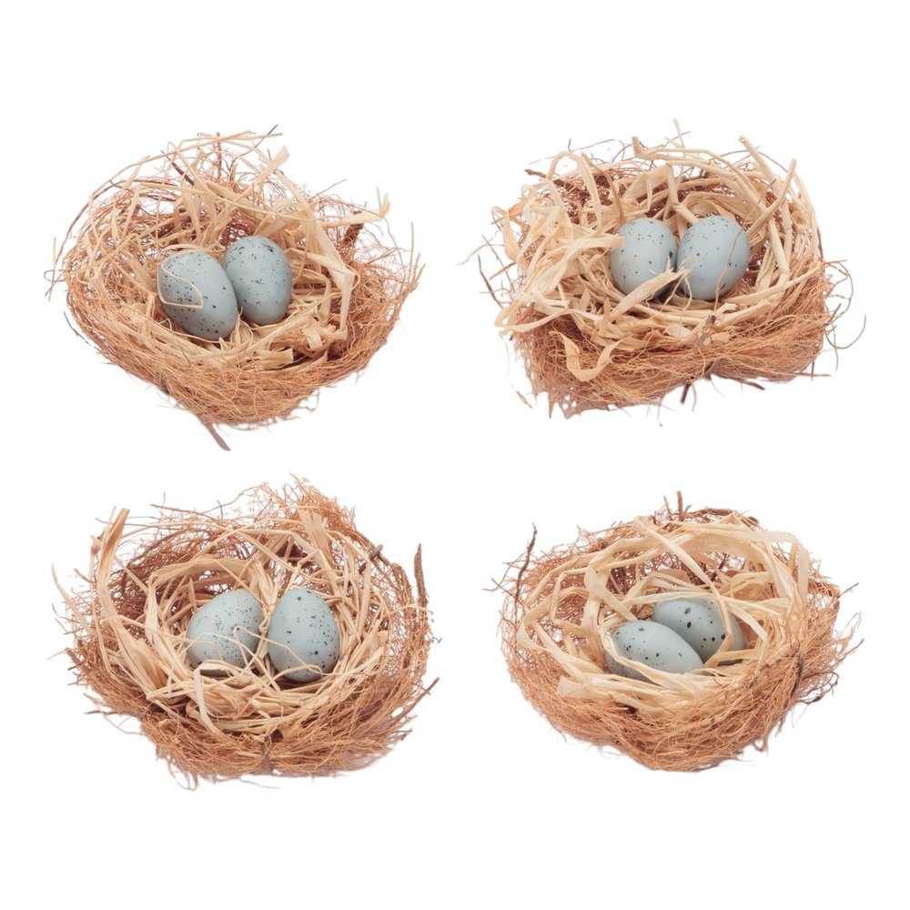 Set of Eight Brown And Blue Decorative Birds Nests With Eggs Sculptures HomeRoots