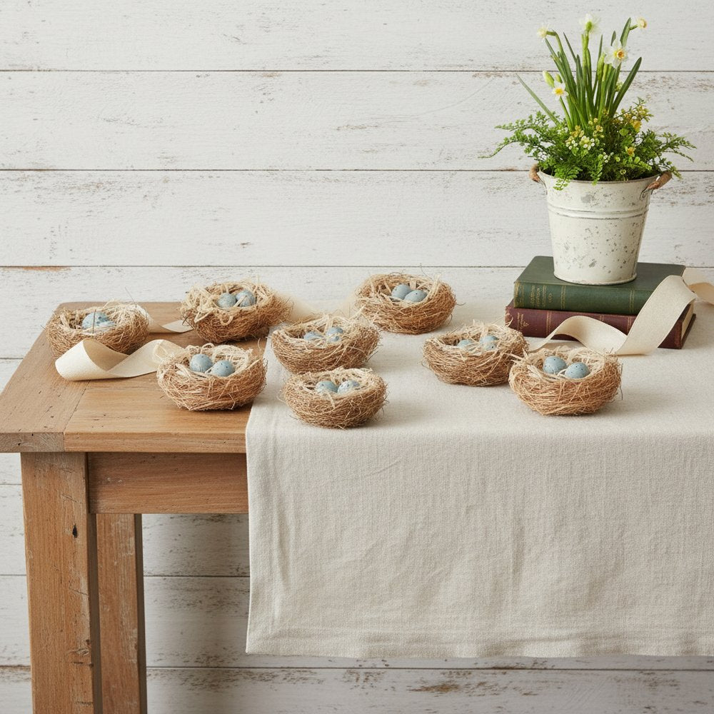 Set of Eight Brown And Blue Decorative Birds Nests With Eggs Sculptures HomeRoots