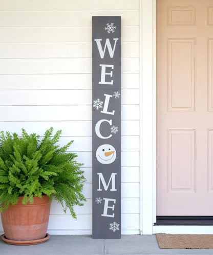 72" Gray And White Solid Wood Welcome Christmas Snowman Porch Sign HomeRoots