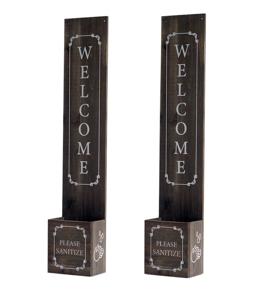36" Set of Two Brown And White Solid Wood Welcome Please Sanitize Porch Sign HomeRoots