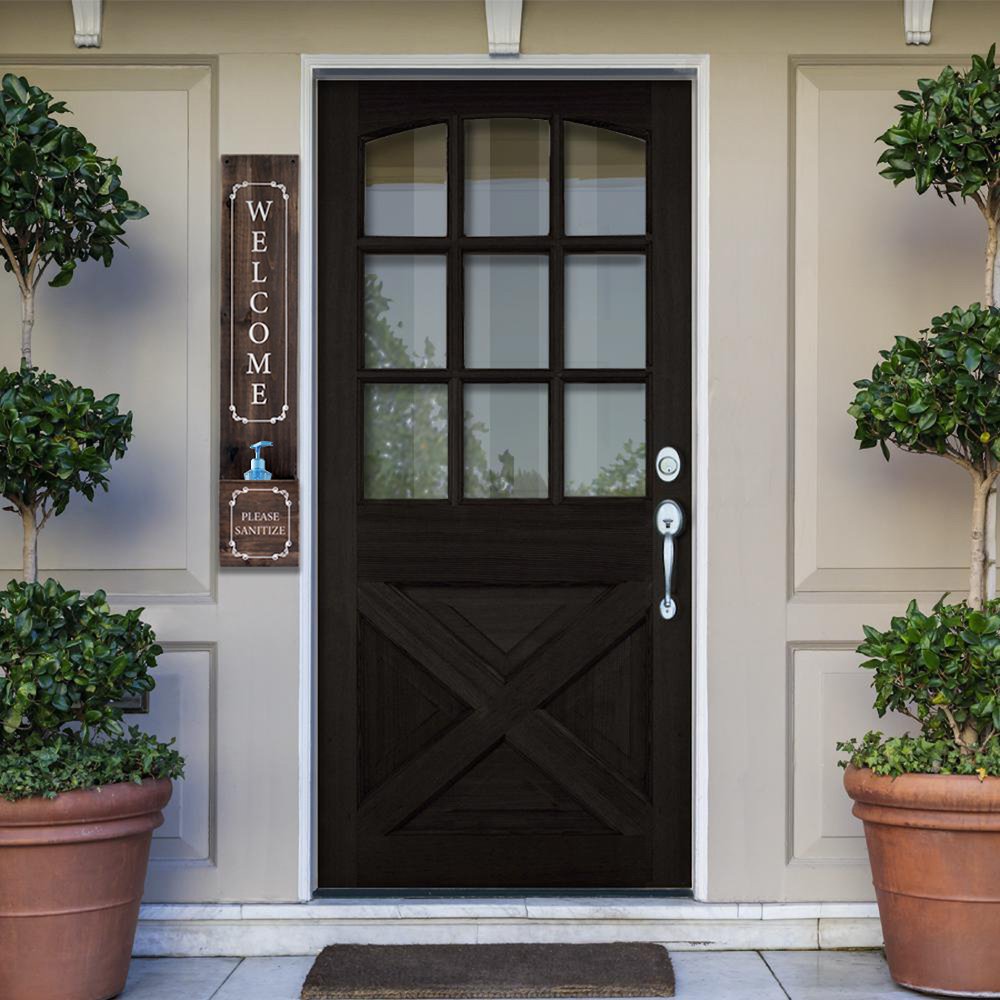 36" Set of Two Brown And White Solid Wood Welcome Please Sanitize Porch Sign HomeRoots
