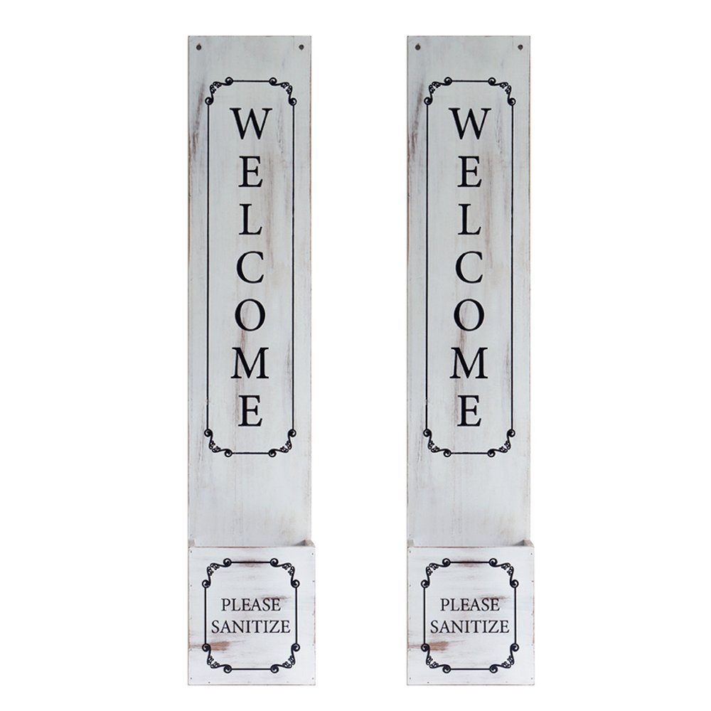 4" Set of Two White And Brown Solid Wood Welcome Please Sanitize Porch Sign HomeRoots
