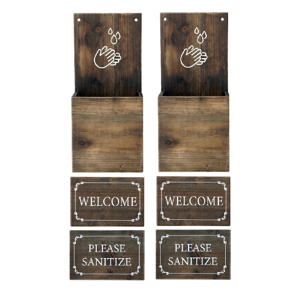 4" Set of Two Brown And White Solid Wood Welcome Please Sanitize Porch Sign HomeRoots