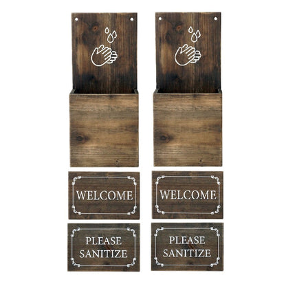 4" Set of Two Brown And White Solid Wood Welcome Please Sanitize Porch Sign HomeRoots