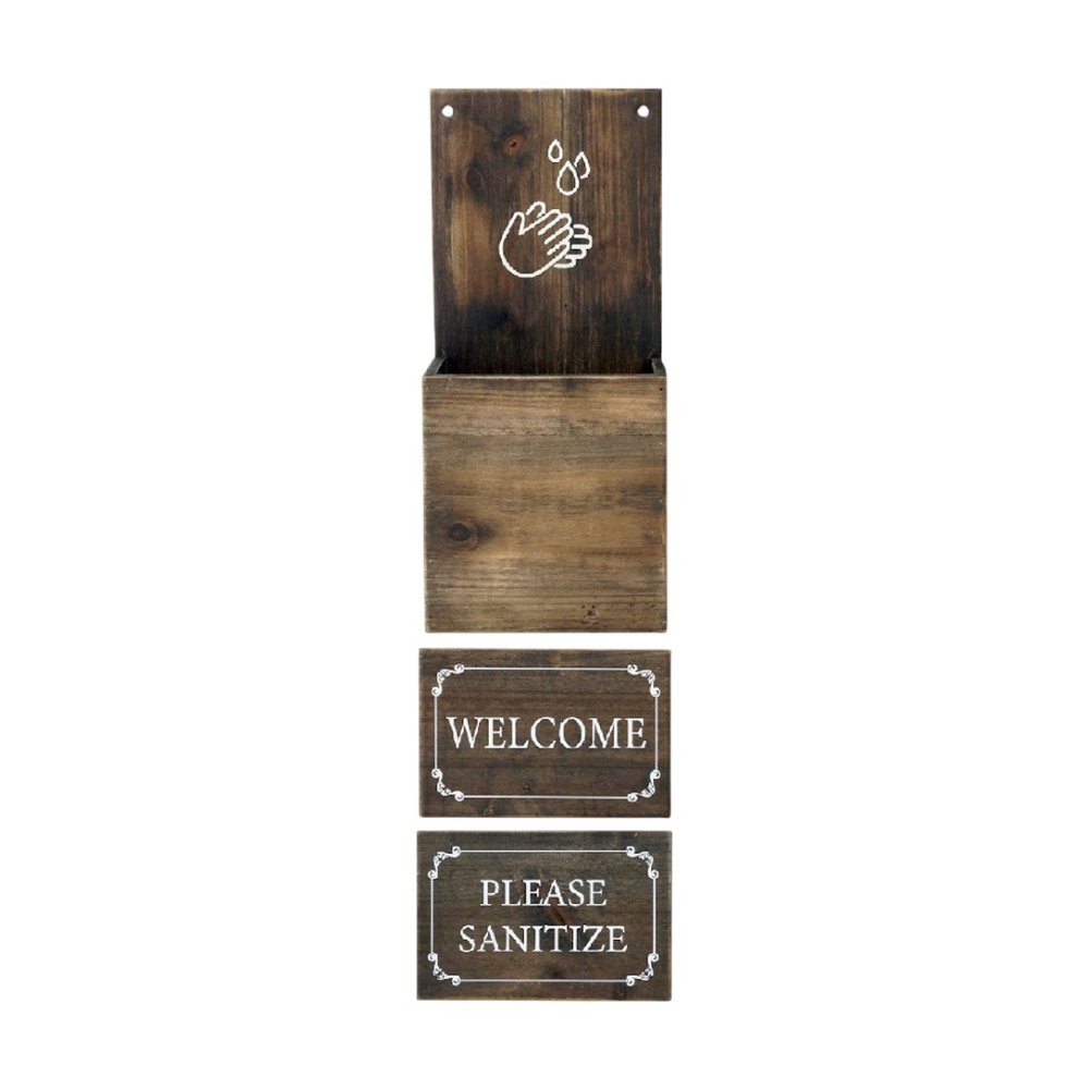 4" Set of Two Brown And White Solid Wood Welcome Please Sanitize Porch Sign HomeRoots