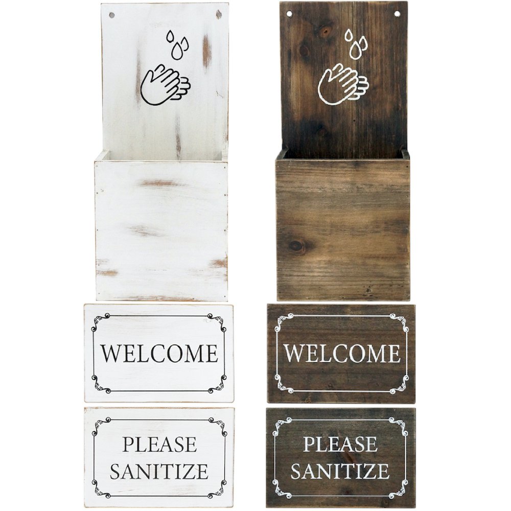 8" Set of Two Brown And White Solid Wood Welcome Please Sanitize Porch Sign HomeRoots