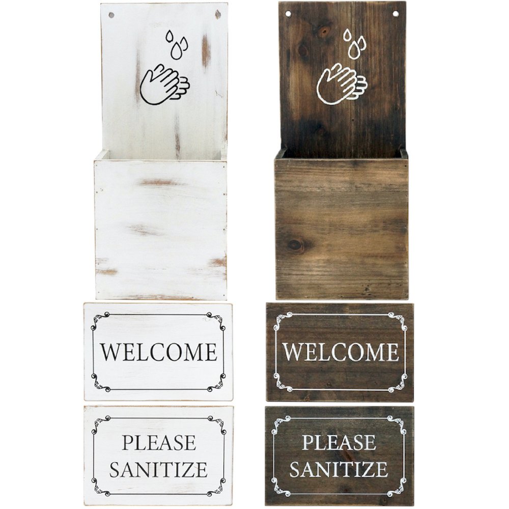 8" Set of Two Brown And White Solid Wood Welcome Please Sanitize Porch Sign HomeRoots
