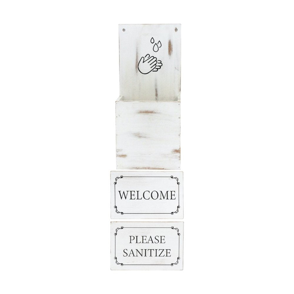 8" Set of Two Brown And White Solid Wood Welcome Please Sanitize Porch Sign HomeRoots