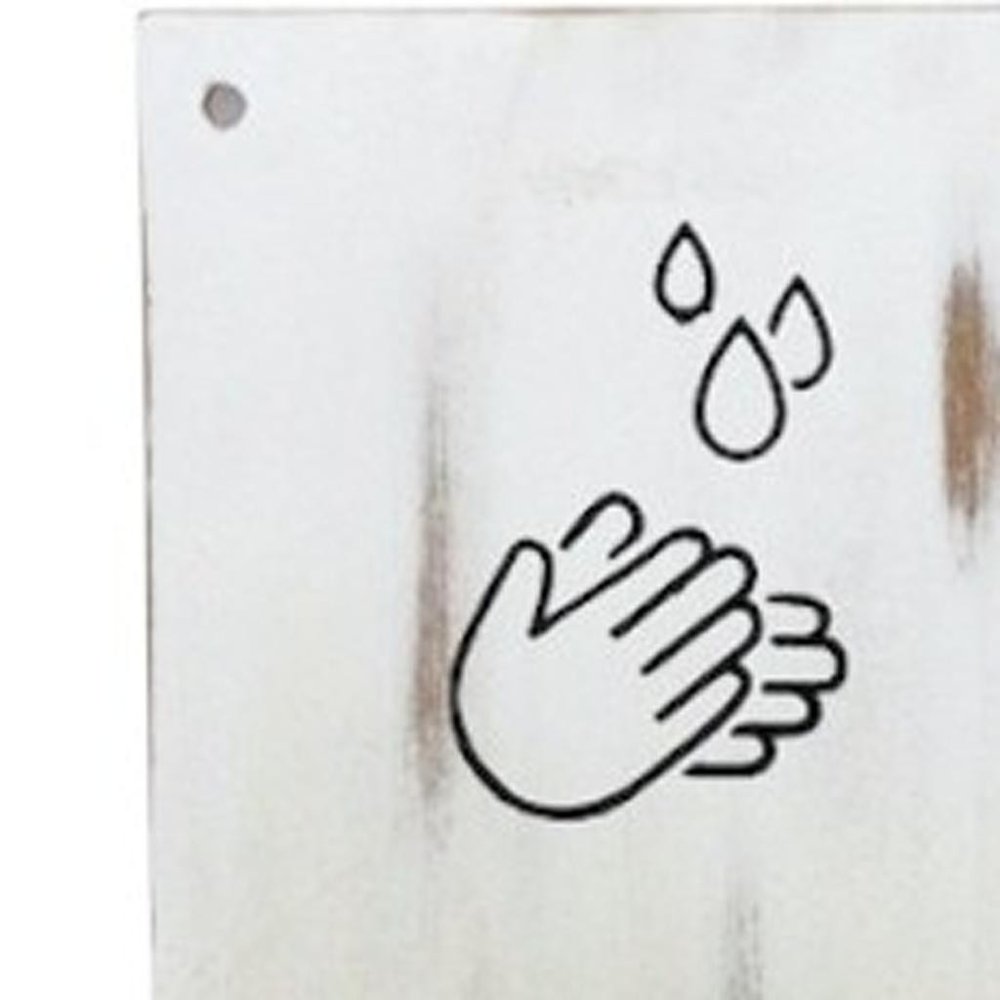 8" Set of Two Brown And White Solid Wood Welcome Please Sanitize Porch Sign HomeRoots