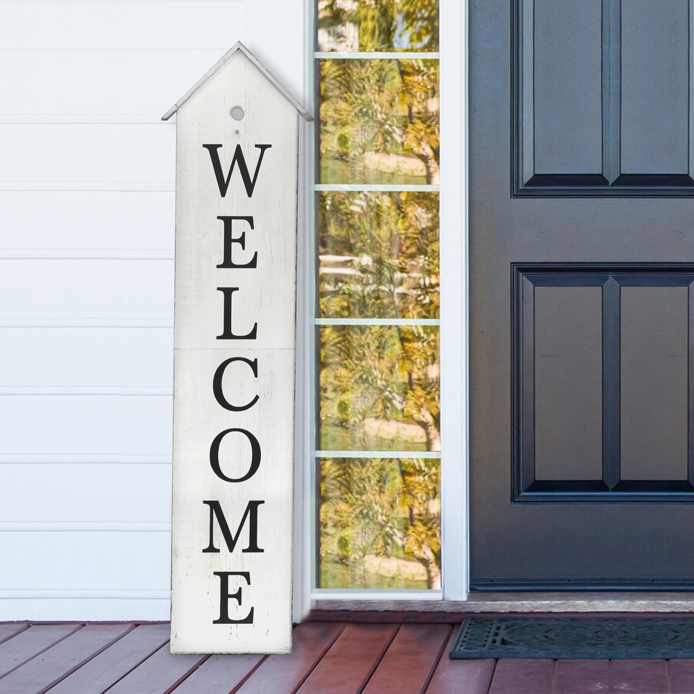 48" White And Black Solid Wood Birdhouse Welcome Porch Sign HomeRoots