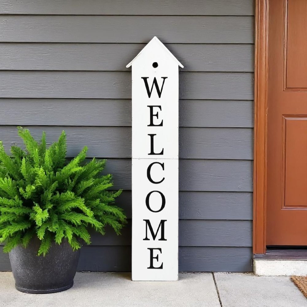 48" White And Black Solid Wood Birdhouse Welcome Porch Sign HomeRoots