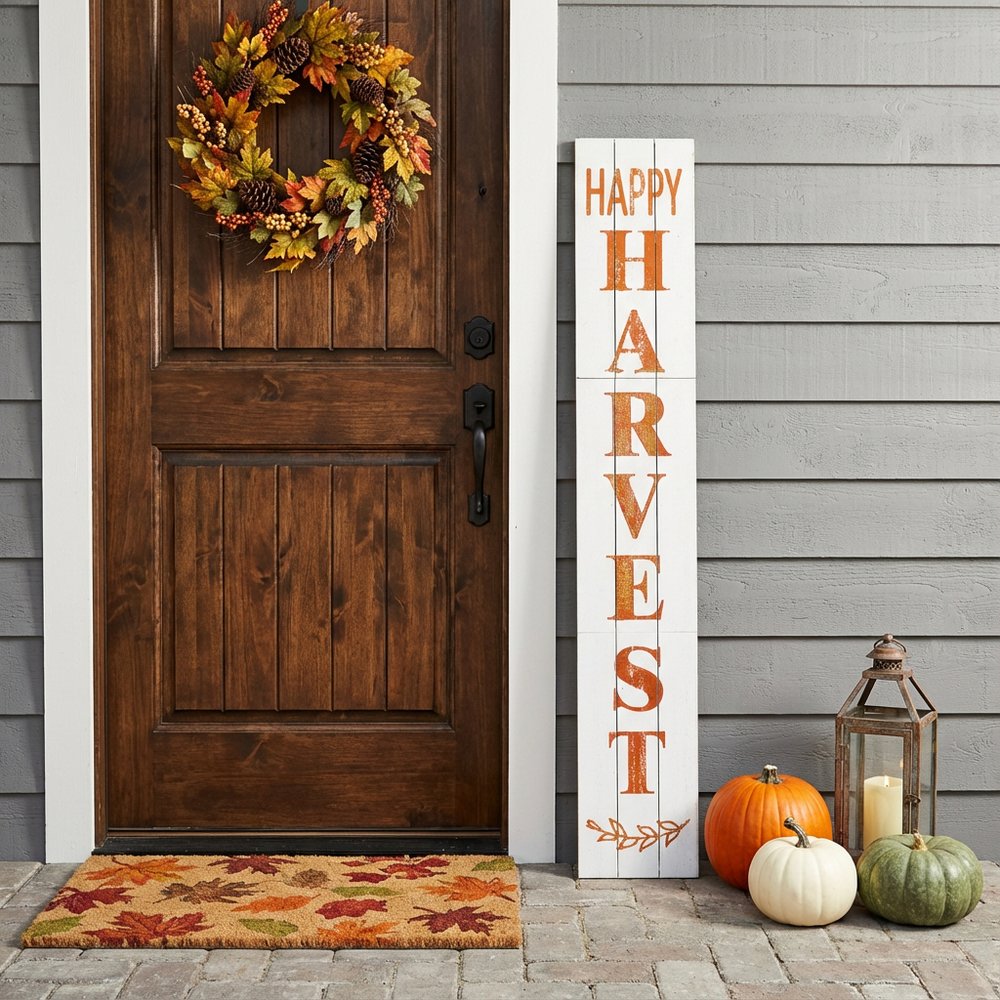 72" White Solid Wood Rustic Happy Harvest Porch Sign HomeRoots