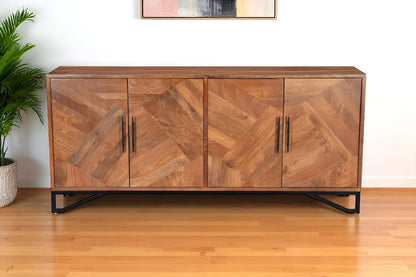 82" Brown Solid Wood Carved Geometric Sideboard with Four Doors HomeRoots
