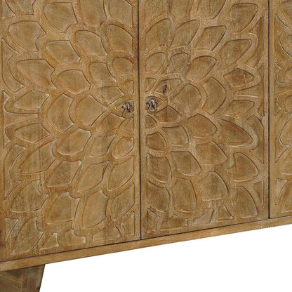 70" Brown Distressed Solid Wood Carved Floral Sideboard with Four Doors HomeRoots
