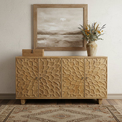 70" Brown Distressed Solid Wood Carved Floral Sideboard with Four Doors HomeRoots
