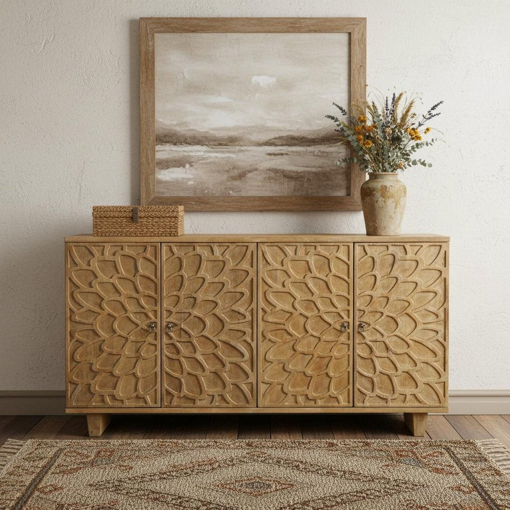 70" Brown Distressed Solid Wood Carved Floral Sideboard with Four Doors HomeRoots
