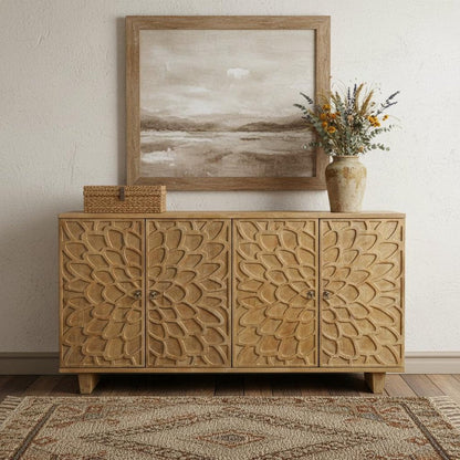 70" Brown Distressed Solid Wood Carved Floral Sideboard with Four Doors HomeRoots