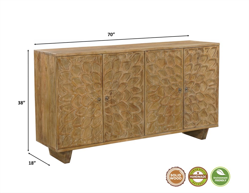 70" Brown Distressed Solid Wood Carved Floral Sideboard with Four Doors HomeRoots