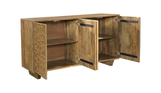 70" Brown Distressed Solid Wood Carved Floral Sideboard with Four Doors HomeRoots