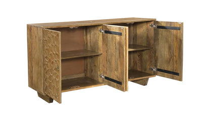 70" Brown Distressed Solid Wood Carved Floral Sideboard with Four Doors HomeRoots