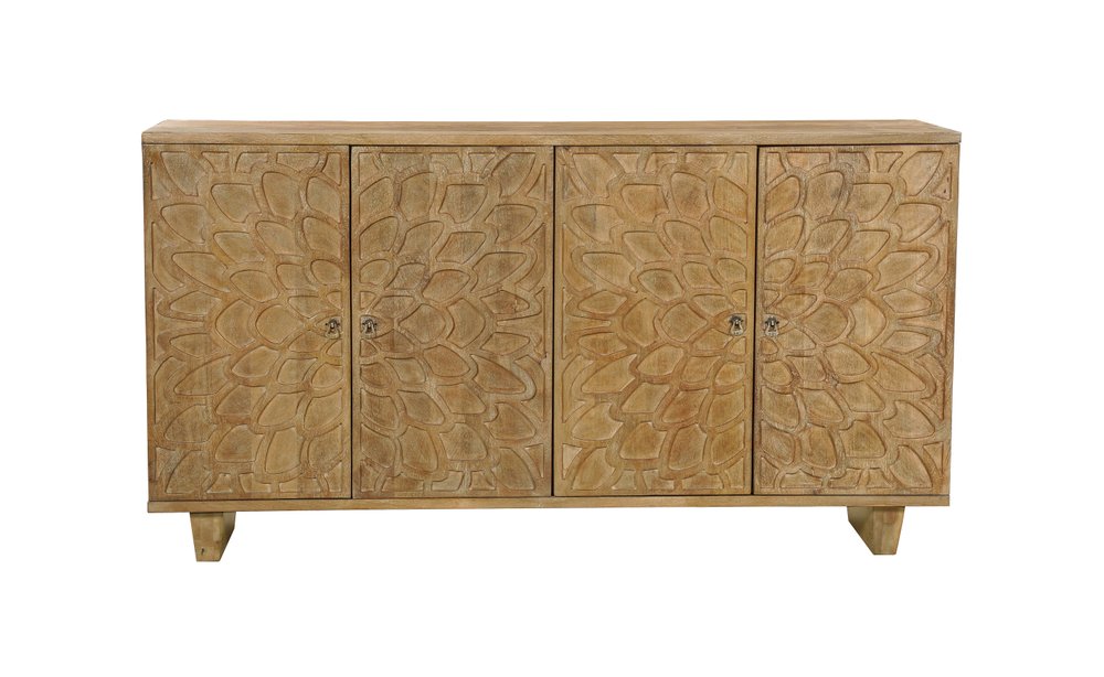 70" Brown Distressed Solid Wood Carved Floral Sideboard with Four Doors HomeRoots