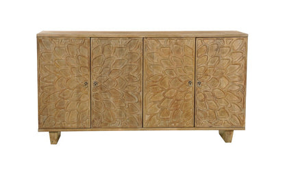 70" Brown Distressed Solid Wood Carved Floral Sideboard with Four Doors HomeRoots