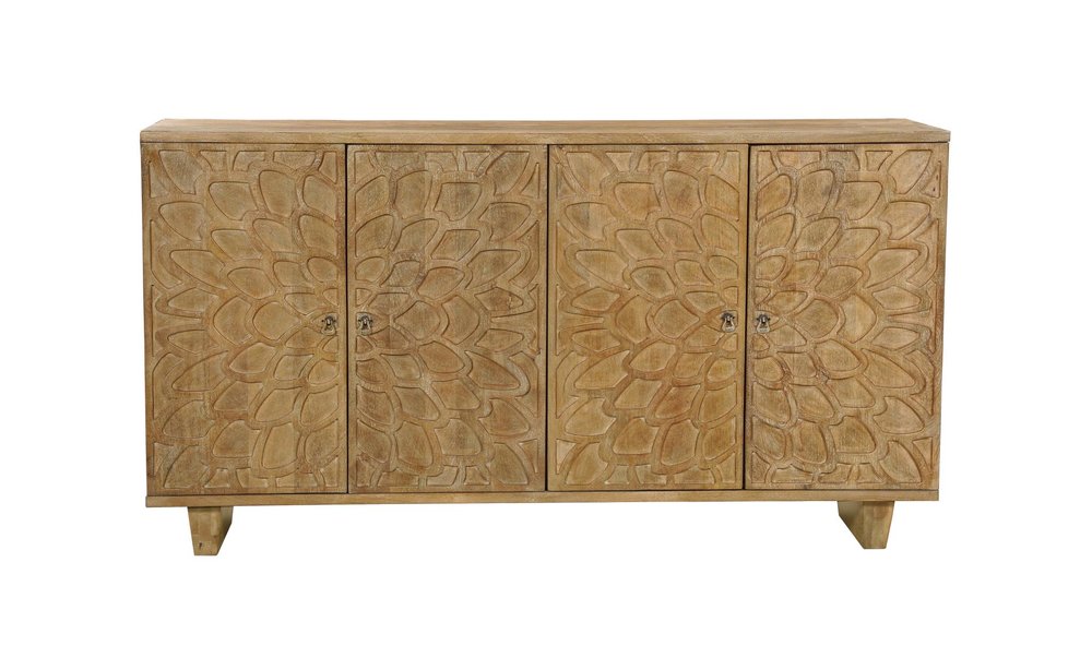 70" Brown Distressed Solid Wood Carved Floral Sideboard with Four Doors HomeRoots
