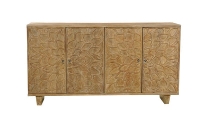 70" Brown Distressed Solid Wood Carved Floral Sideboard with Four Doors HomeRoots