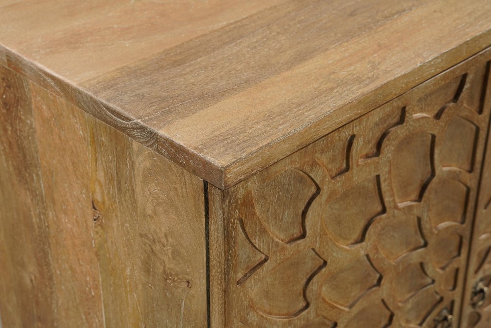 70" Brown Distressed Solid Wood Carved Floral Sideboard with Four Doors HomeRoots