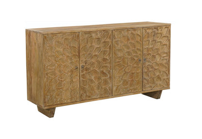 70" Brown Distressed Solid Wood Carved Floral Sideboard with Four Doors HomeRoots