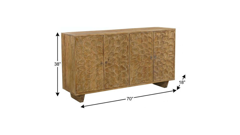 70" Brown Distressed Solid Wood Carved Floral Sideboard with Four Doors HomeRoots