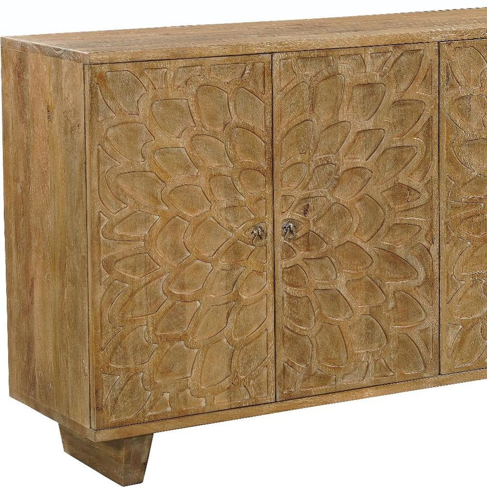 70" Brown Distressed Solid Wood Carved Floral Sideboard with Four Doors HomeRoots