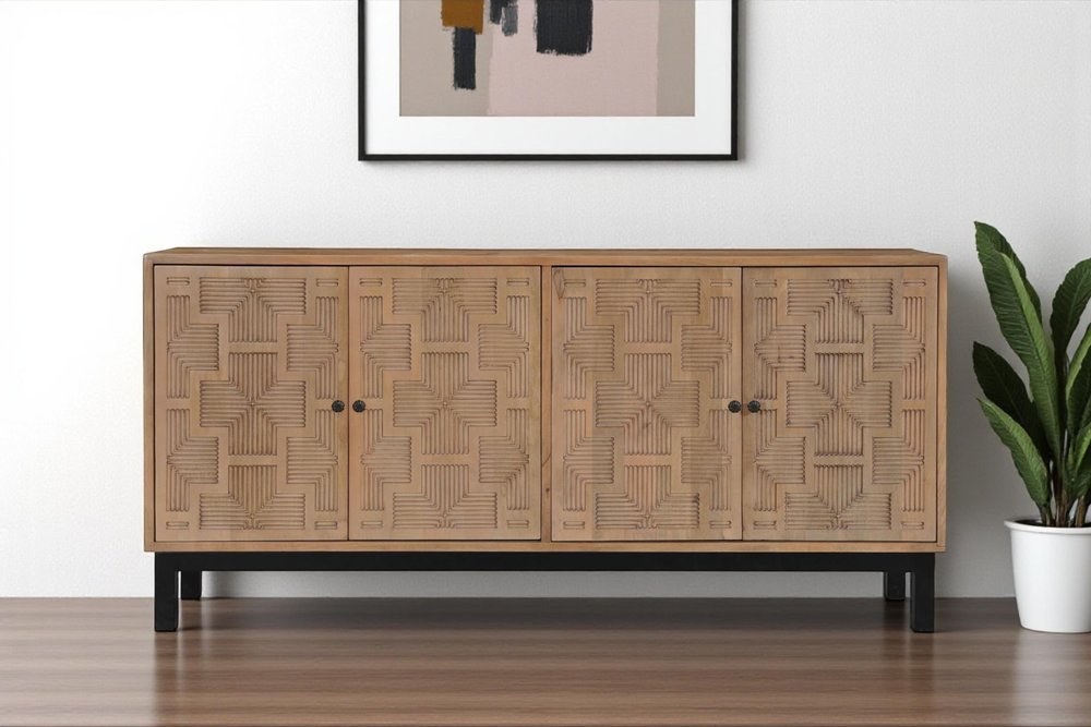 80" Brown Solid Wood Carved Geometric Sideboard with Four Doors HomeRoots