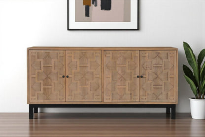 80" Brown Solid Wood Carved Geometric Sideboard with Four Doors HomeRoots