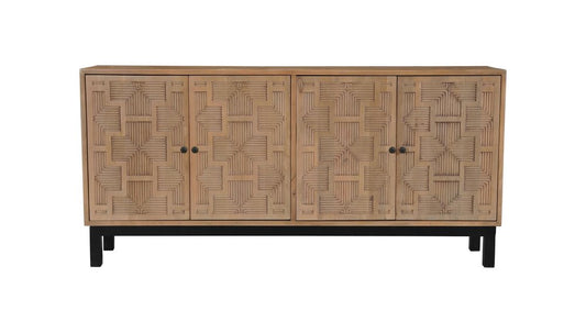 80" Brown Solid Wood Carved Geometric Sideboard with Four Doors HomeRoots