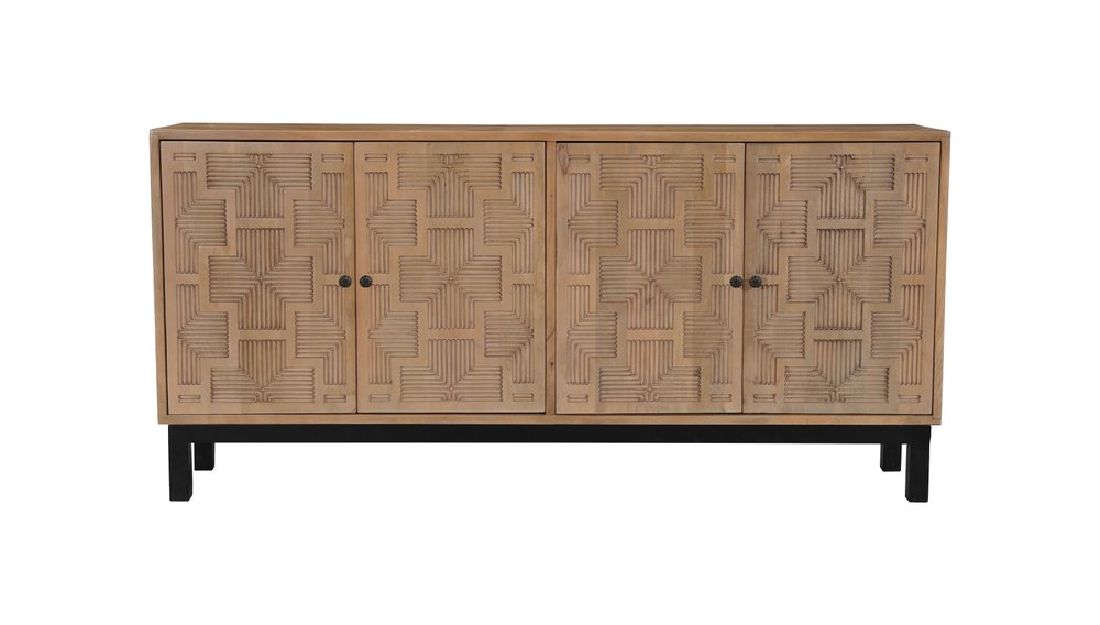 80" Brown Solid Wood Carved Geometric Sideboard with Four Doors HomeRoots