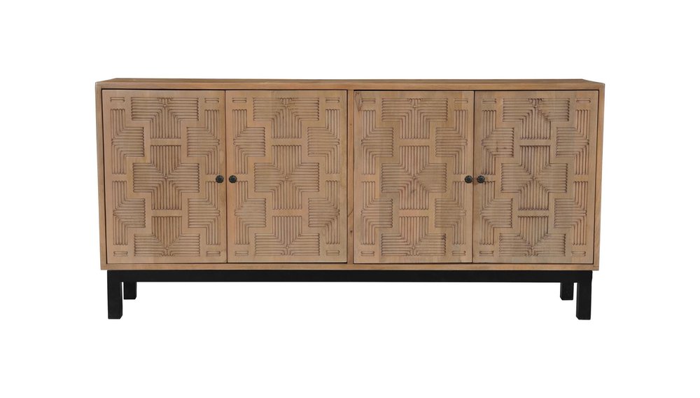 80" Brown Solid Wood Carved Geometric Sideboard with Four Doors HomeRoots