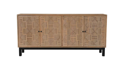 80" Brown Solid Wood Carved Geometric Sideboard with Four Doors HomeRoots
